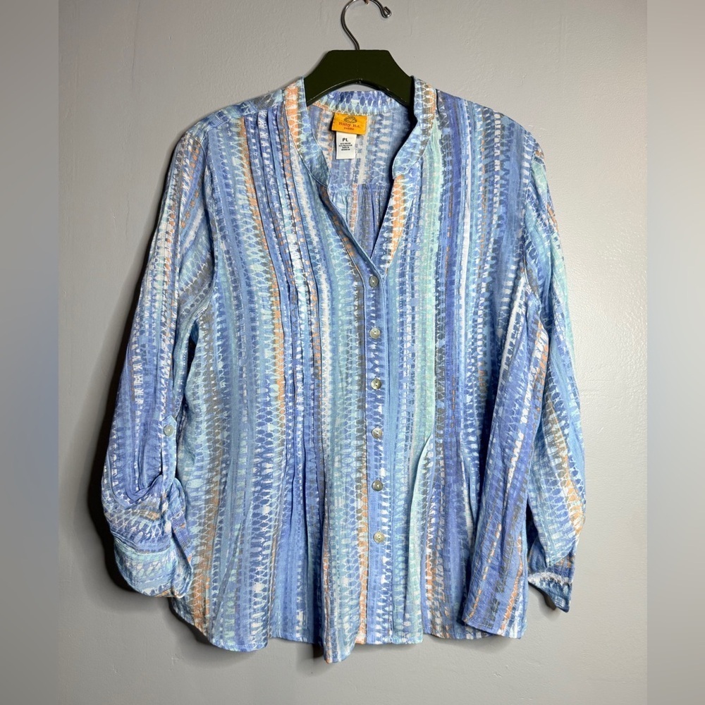 #5)  Ruby Rd. Blue and Orange Patterned Button Up Shirt with roll up sleeve